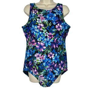 Aquamore  One Piece Swimsuit 18W Plus Size Floral Tropical Tummy Control NWT